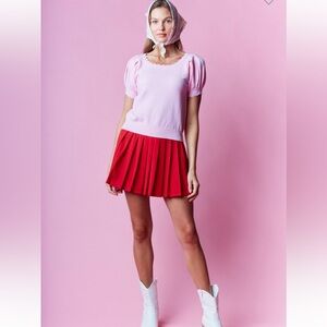 999. Short puff sleeve scalloped edge side sweater pink